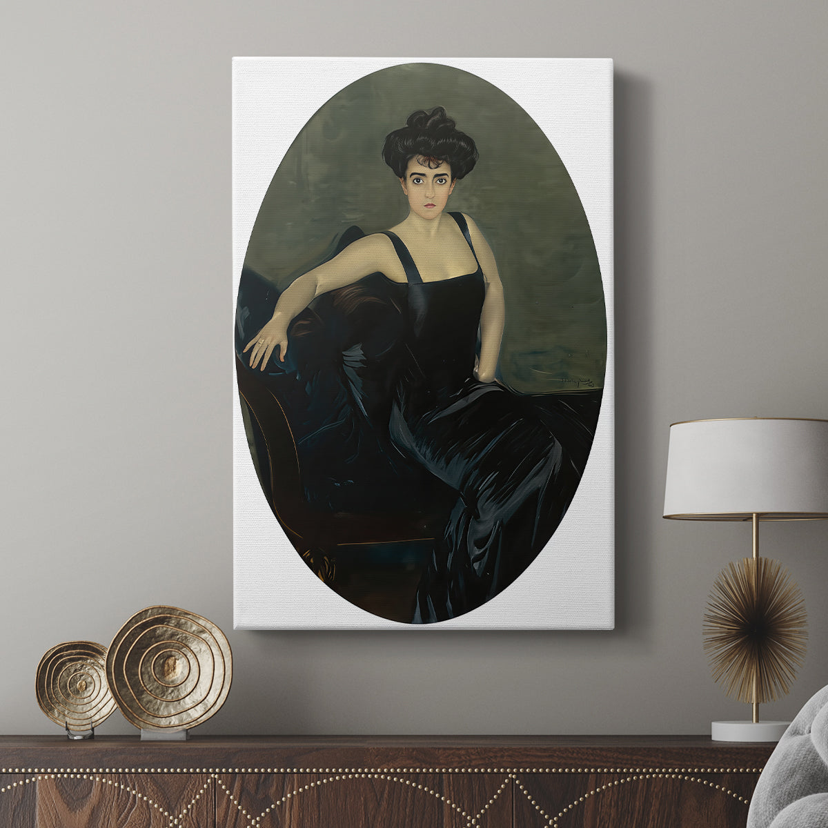 Canvas art print featuring a classic portrait with subtle shading and gentle contrast displayed in a modern interior space.