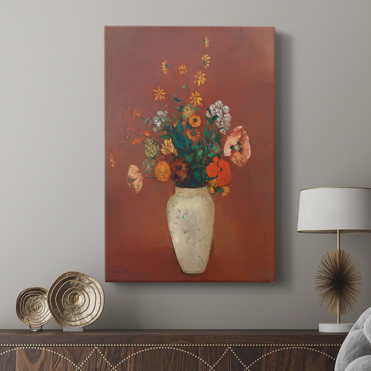 Canvas art print featuring a stylized composition with blossoms and subtle detail displayed in a modern interior space.