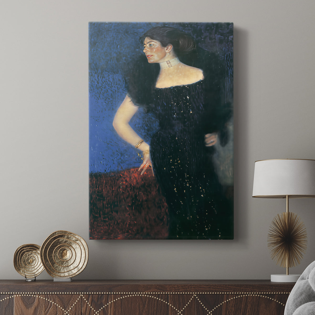 Canvas art print featuring a classic portrait with subtle detail and calm expression displayed in a modern interior space.