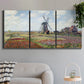 Three-panel canvas wall art featuring tulip fields with windmill, displayed in a modern living room above a sofa.