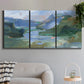 Three-panel canvas wall art featuring abstract landscape composition study, displayed in a modern living room above a sofa.