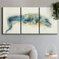 Three-panel canvas wall art featuring alligator illustrated wildlife portrait, displayed in a modern living room above a sofa.