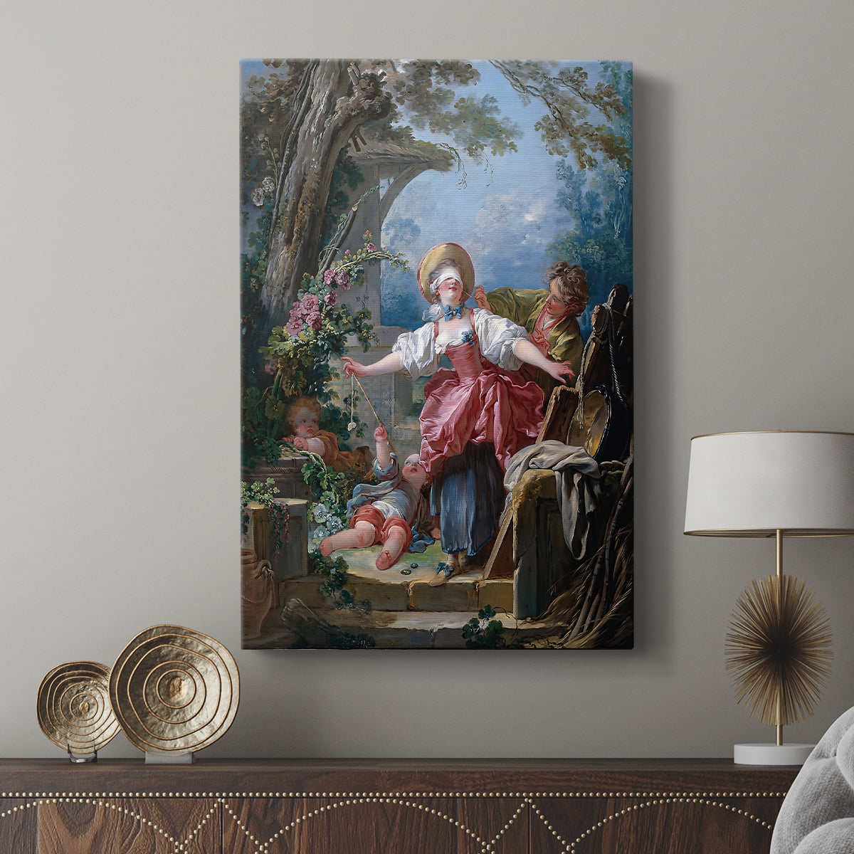 Canvas art print featuring a lighthearted outdoor scene with multiple figures displayed in a modern interior space.