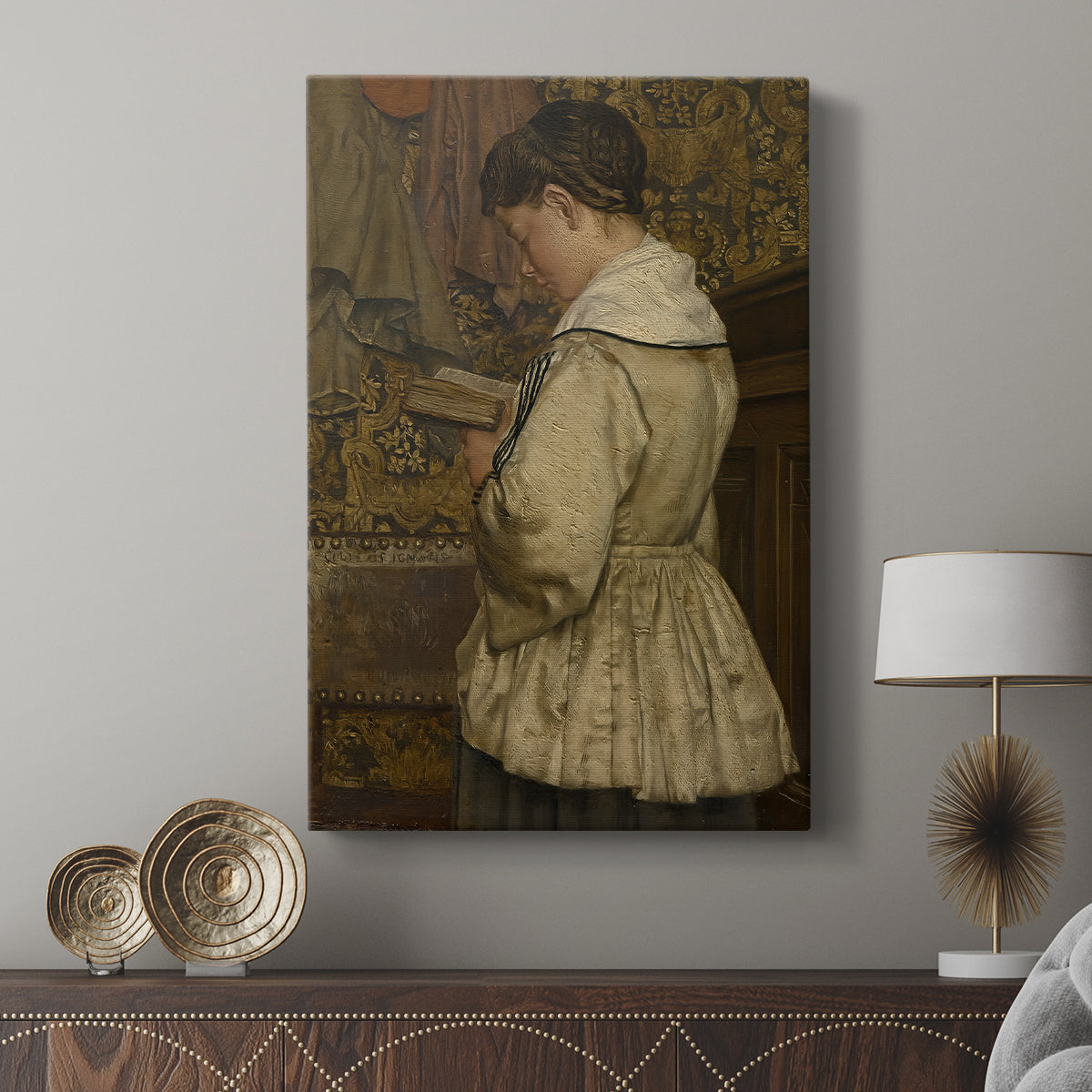 Canvas art print featuring a quiet domestic scene with soft shading and detail displayed in a modern interior space.