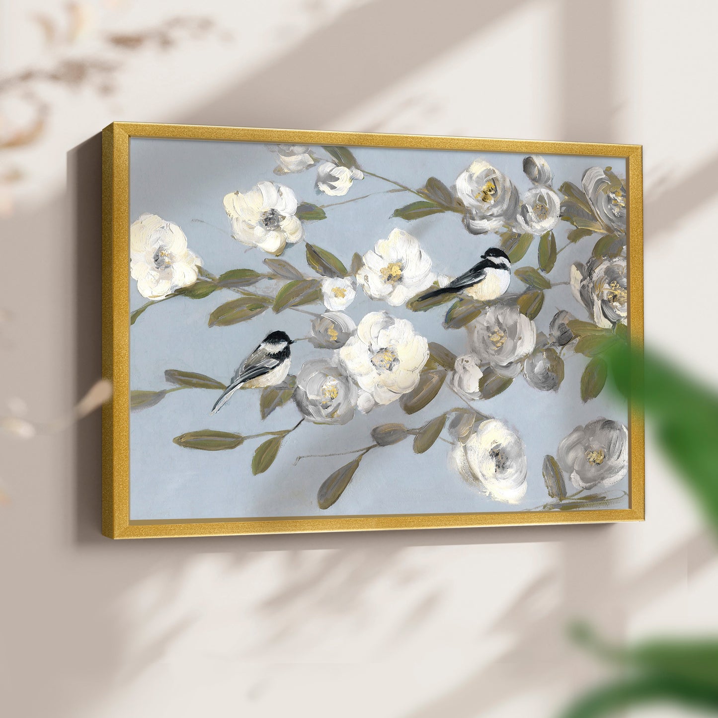 44431,birds,flowers,artwork,home decor,blue background,frame,painting,nature,modern design,interior decoration,blooming,soft hues,decorative piece,wall art,tranquility,flora,fauna,spring theme,artist,creative expression,composition,lifestyle,gift idea,elegance,aesthetics,colorful,garden,charm,relaxation,beauty,light,pastel,harmony,visual art,nature-inspired,chic,floral design,birds perched,serenity,Re-stickable,Plants & Flowers