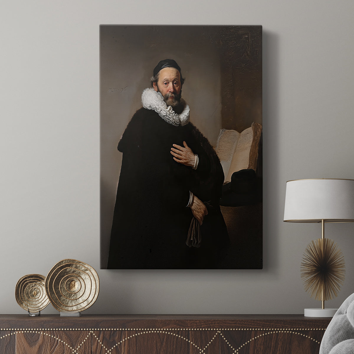 Canvas art print featuring a refined portrait with gentle contrast and minimal background displayed in a modern interior space.