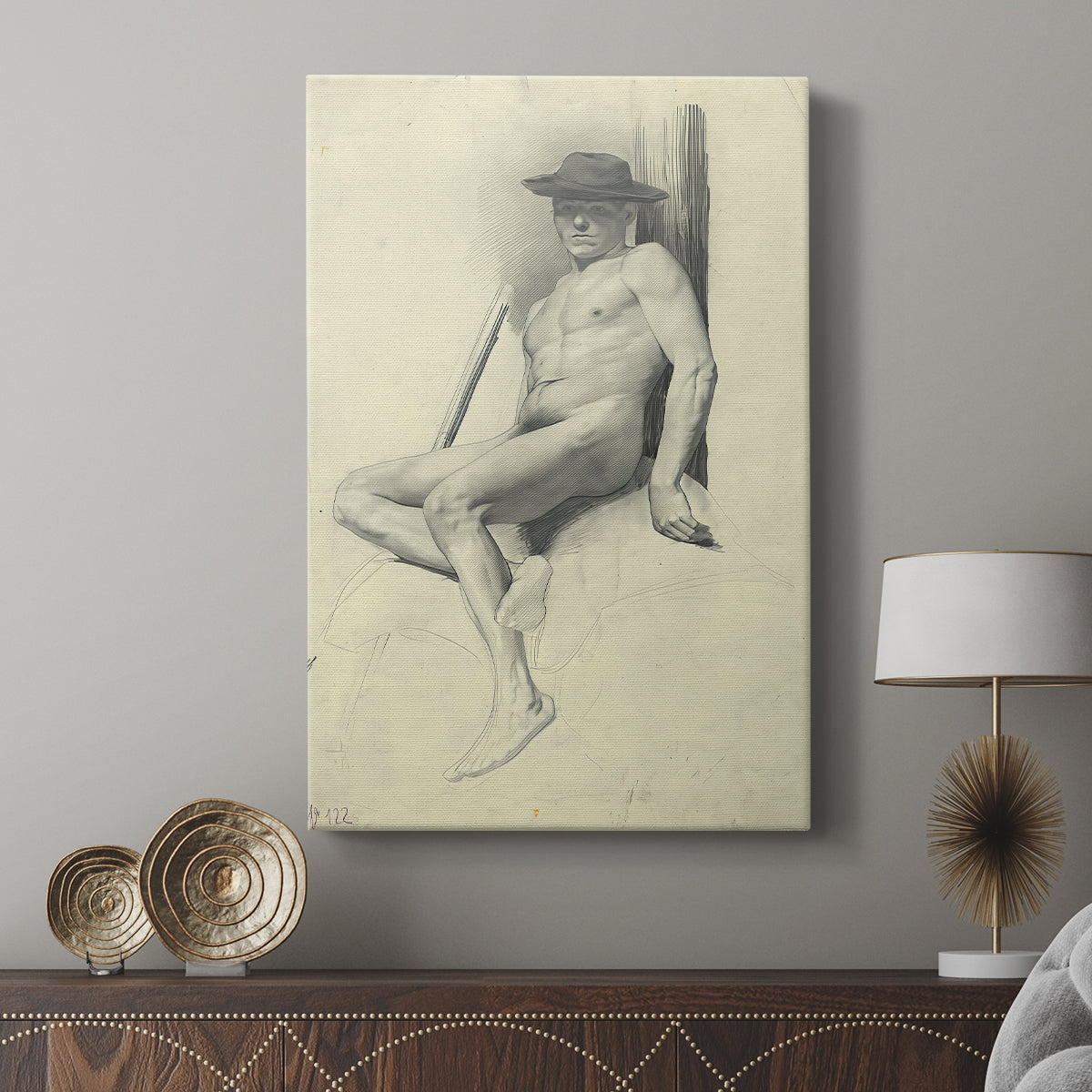 Canvas art print featuring a sketch of a nude male figure with casual posture displayed in a modern interior space.