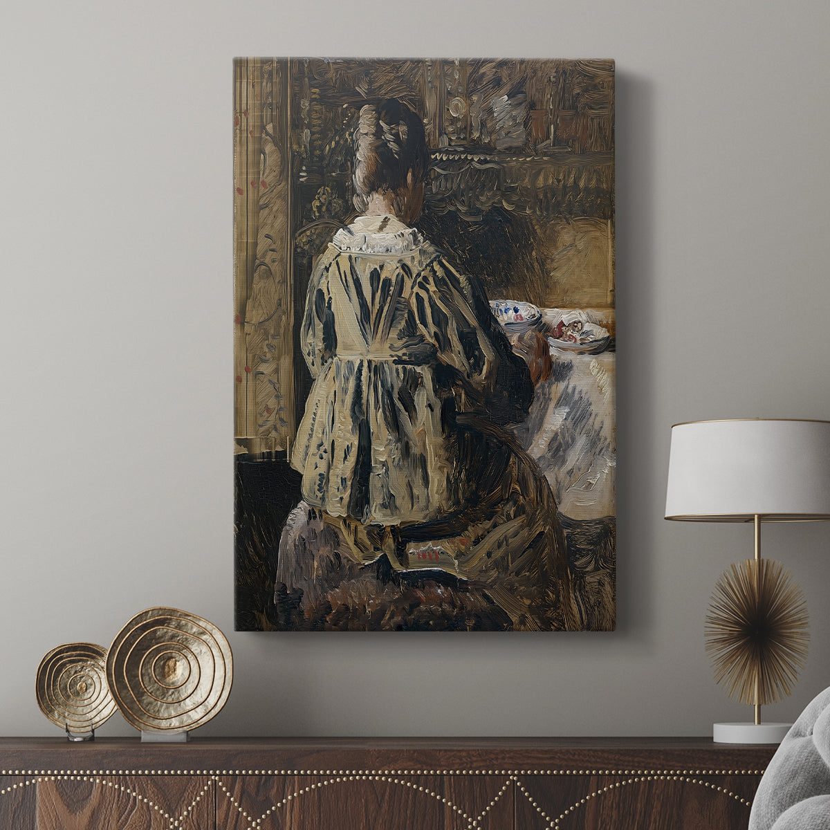 Canvas art print featuring a calm composition with seated figures and soft tones displayed in a modern interior space.