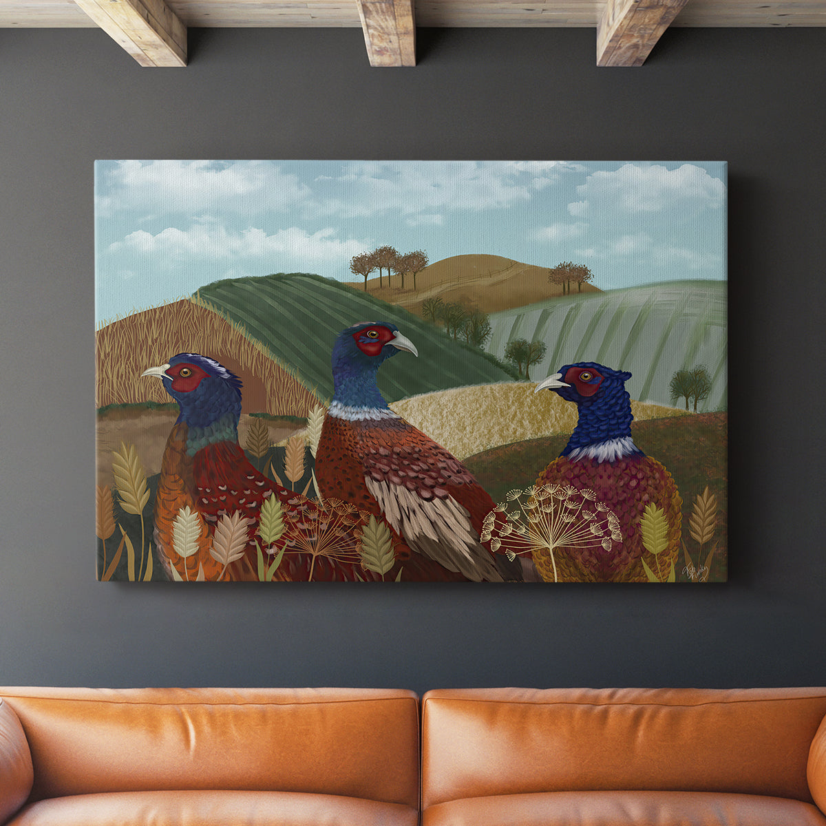 Pheasant Trio in Field - Canvas Art Print