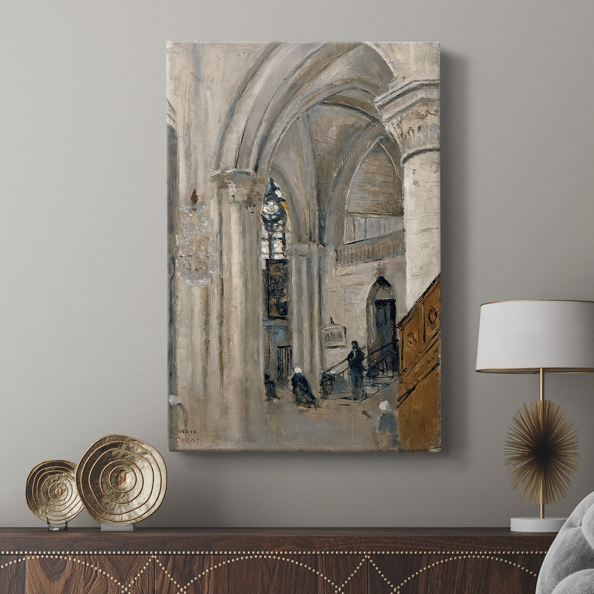 Canvas art print featuring a calm composition with vaulted space and subtle detail displayed in a modern interior space.