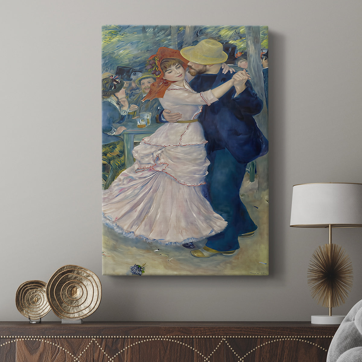 Canvas art print featuring a Romantic moment with fluid brushstrokes and soft color palette displayed in a modern interior space.