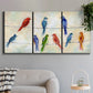 Three-panel canvas wall art featuring whimsical animal chatter illustration, displayed in a modern living room above a sofa.