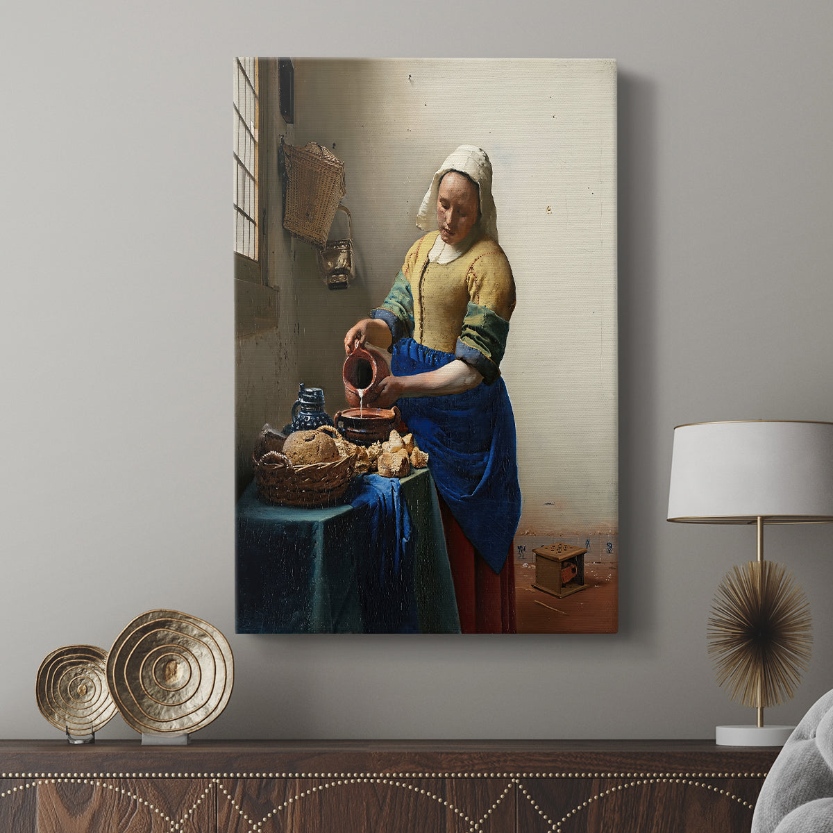 Canvas art print featuring a focused figure with warm tones and structured composition displayed in a modern interior space.