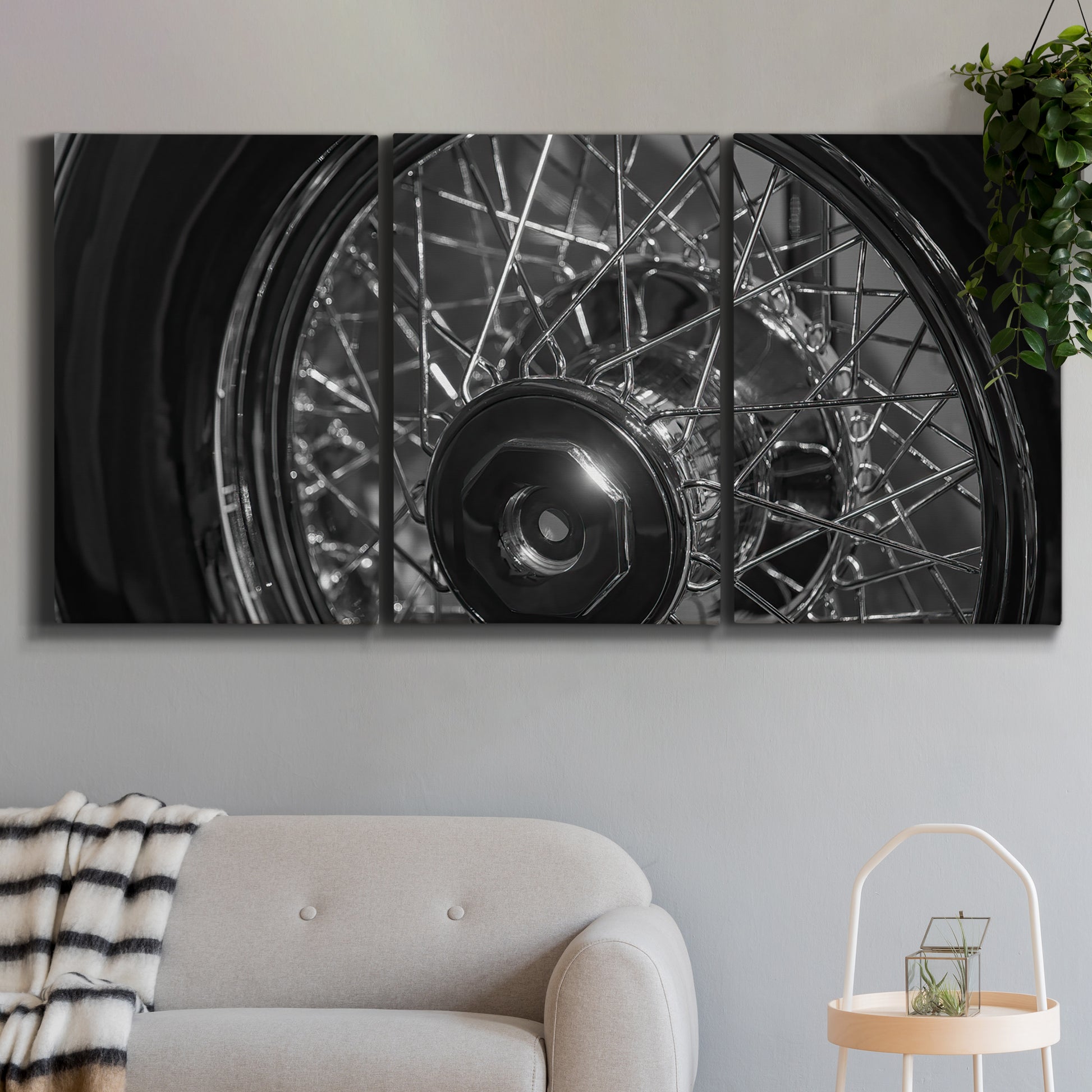 Three-panel canvas wall art featuring vintage car grille detail, displayed in a modern living room above a sofa.