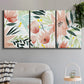 Three-panel canvas wall art featuring layered tropical plant collage, displayed in a modern living room above a sofa.