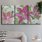 Three-panel canvas wall art featuring pink and white lilies in bloom, displayed in a modern living room above a sofa.