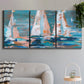 Three-panel canvas wall art featuring graphic pop style sailboats, displayed in a modern living room above a sofa.