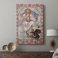 Canvas art print featuring a decorative portrait with elegant lines and cultural symbolism displayed in a modern interior space.