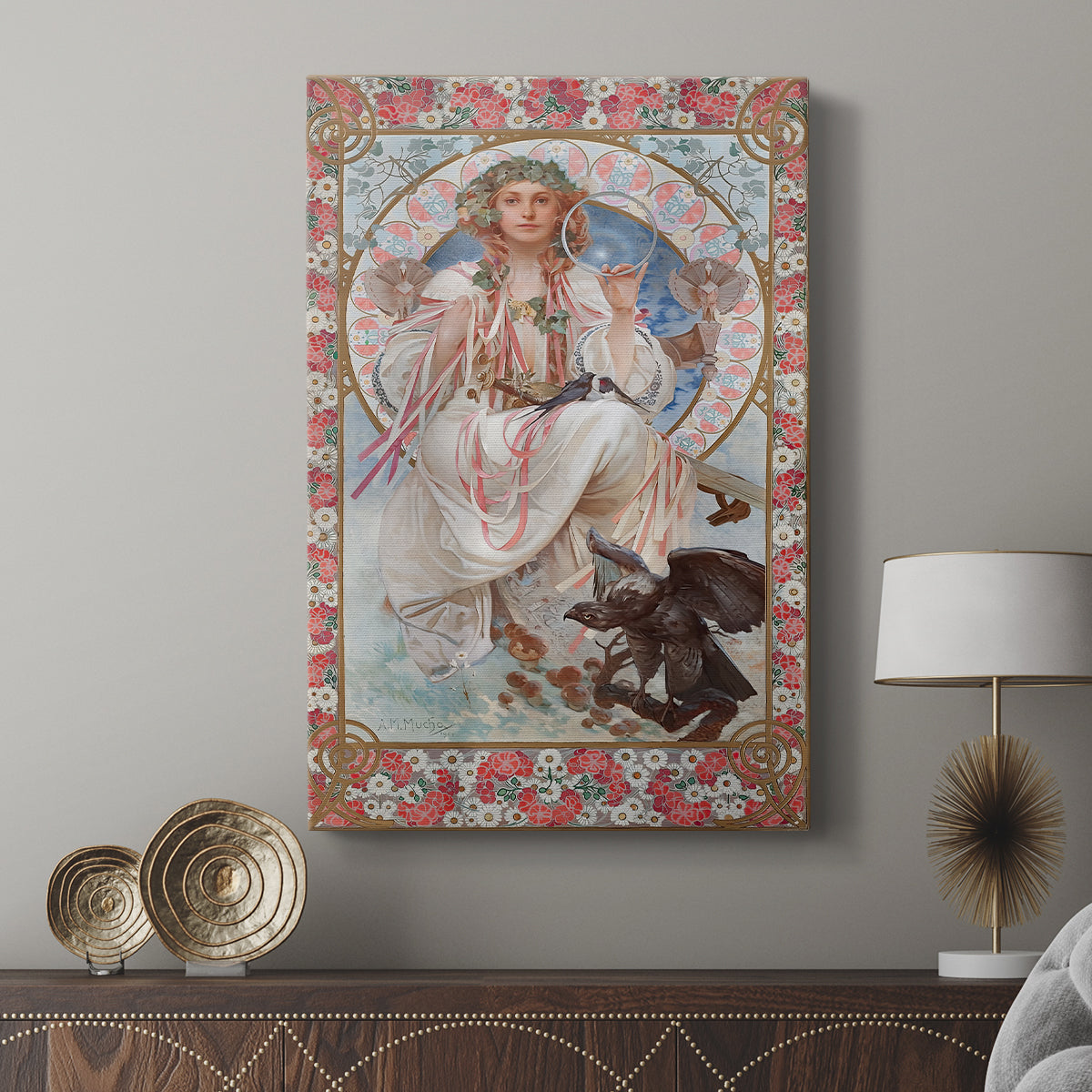 Canvas art print featuring a decorative portrait with elegant lines and cultural symbolism displayed in a modern interior space.