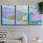 Three-panel canvas wall art featuring abstract view through window forms, displayed in a modern living room above a sofa.
