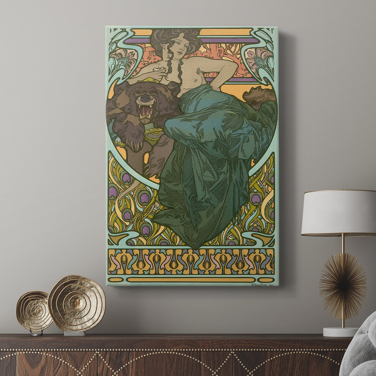 Canvas art print featuring a vintage illustration of a woman resting on a fur with elegant curves displayed in a modern interior space.