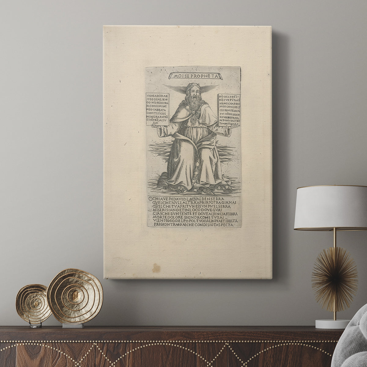 Canvas art print featuring a detailed illustration with subtle texture and depth displayed in a modern interior space.