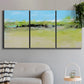 Three-panel canvas wall art featuring abstract terrace landscape view, displayed in a modern living room above a sofa.