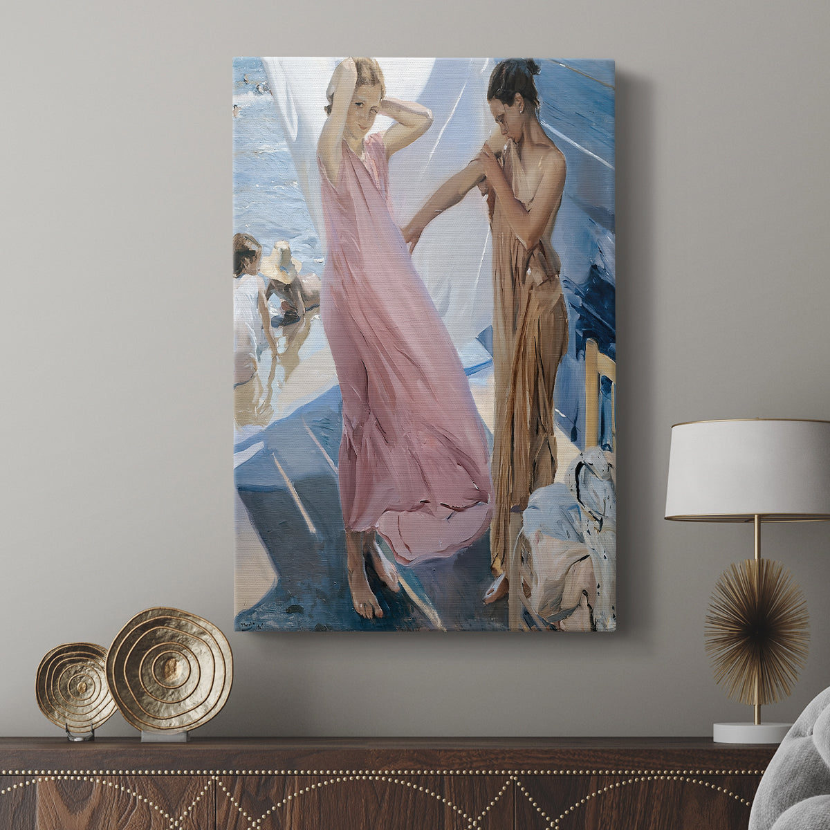 Canvas art print featuring a relaxed figure with flowing fabric and natural light displayed in a modern interior space.