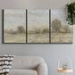 Three-panel canvas wall art featuring late season rural harvest fields, displayed in a modern living room above a sofa.