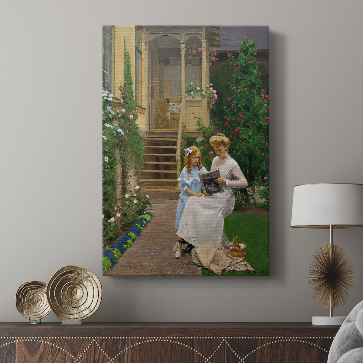 Canvas art print featuring a gentle composition with children in a garden setting displayed in a modern interior space.