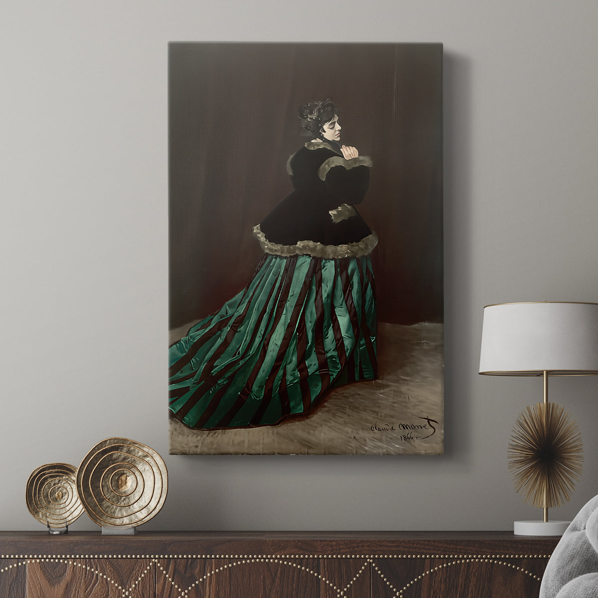 Canvas art print featuring a full-length portrait with bold color and graceful posture displayed in a modern interior space.