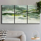 Three-panel canvas wall art featuring abstract passage of time composition, displayed in a modern living room above a sofa.