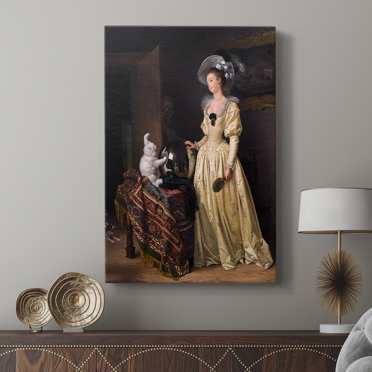 Canvas art print featuring a graceful portrait with soft textures and elegant setting displayed in a modern interior space.
