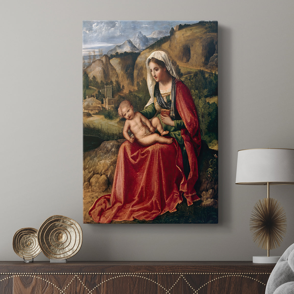 Canvas art print featuring a devotional scene with balanced color and gentle light displayed in a modern interior space.