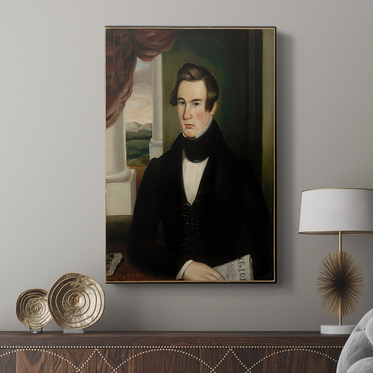Canvas art print featuring a refined portrait with minimal background and smooth tones displayed in a modern interior space.