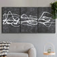 Three-panel canvas wall art featuring minimal abstract frequency lines, displayed in a modern living room above a sofa.