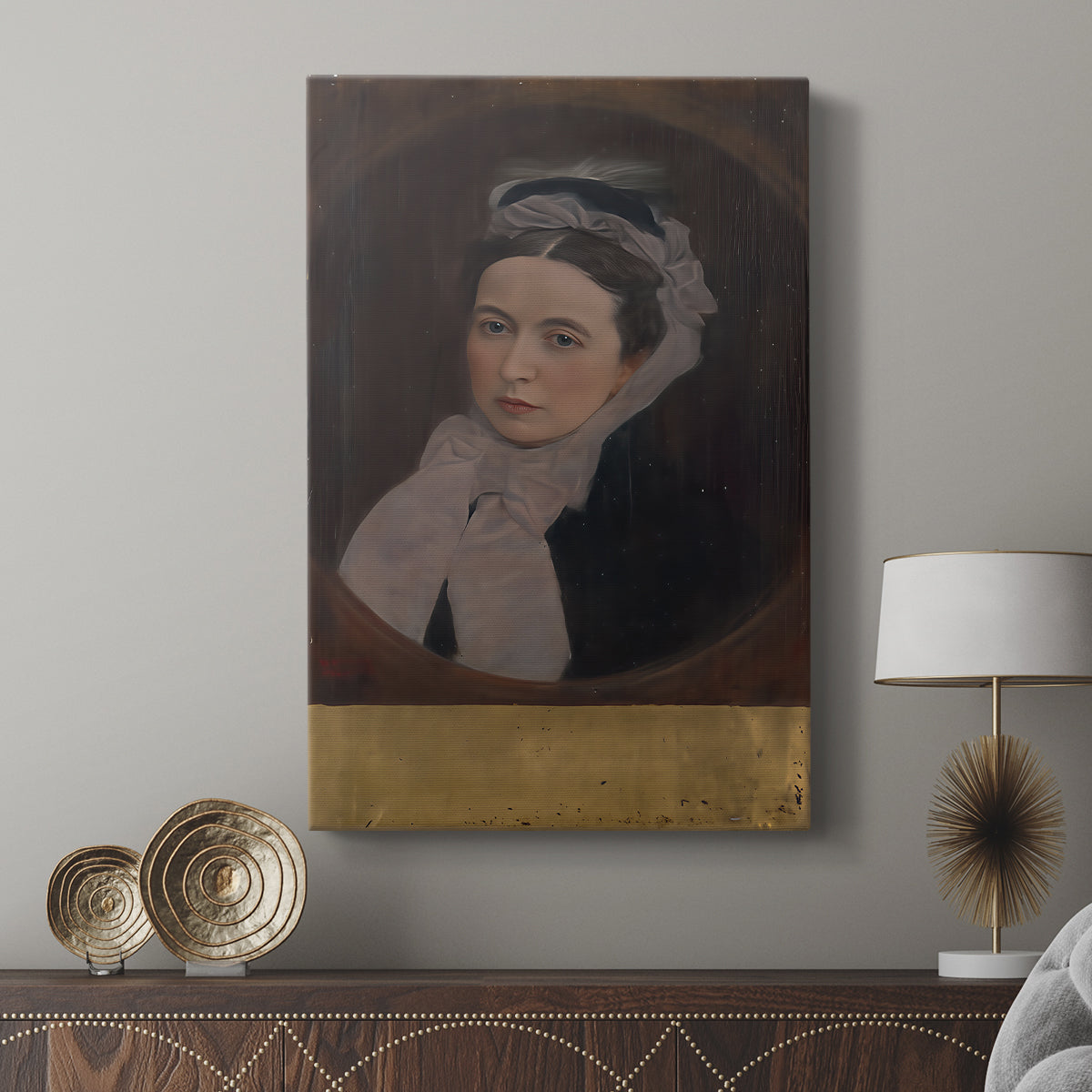 Canvas art print featuring a refined portrait with subtle color and smooth texture displayed in a modern interior space.