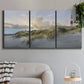 Three-panel canvas wall art featuring guardian boat along shoreline, displayed in a modern living room above a sofa.