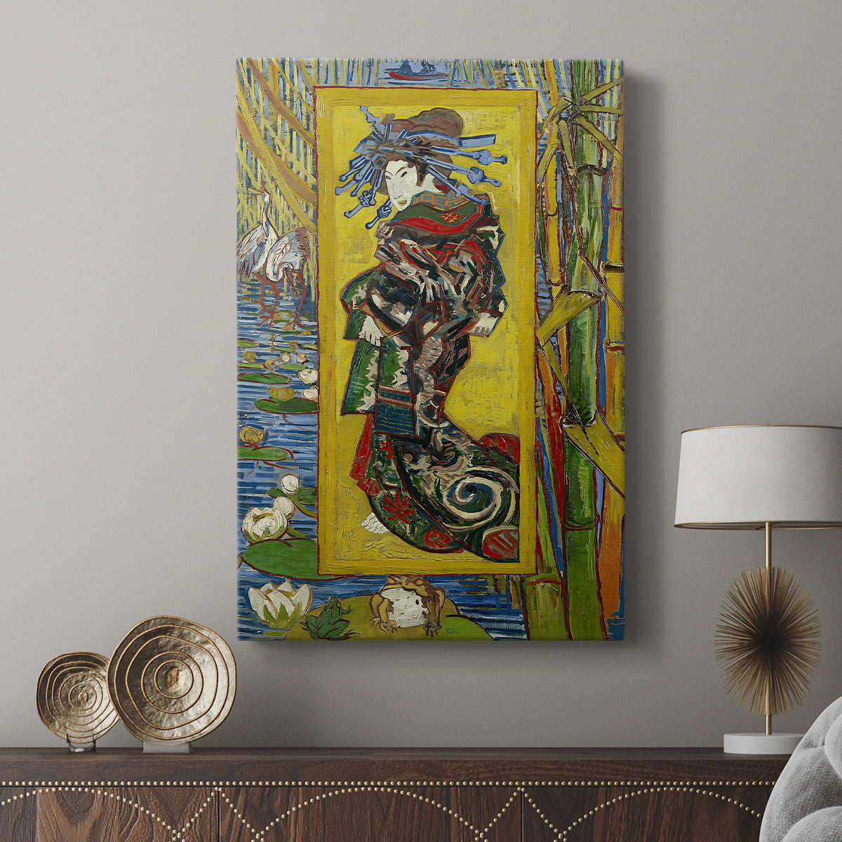 Canvas art print featuring a vivid composition with patterned background and contrast displayed in a modern interior space.