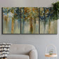 Three-panel canvas wall art featuring earth toned abstract leaf textures, displayed in a modern living room above a sofa.