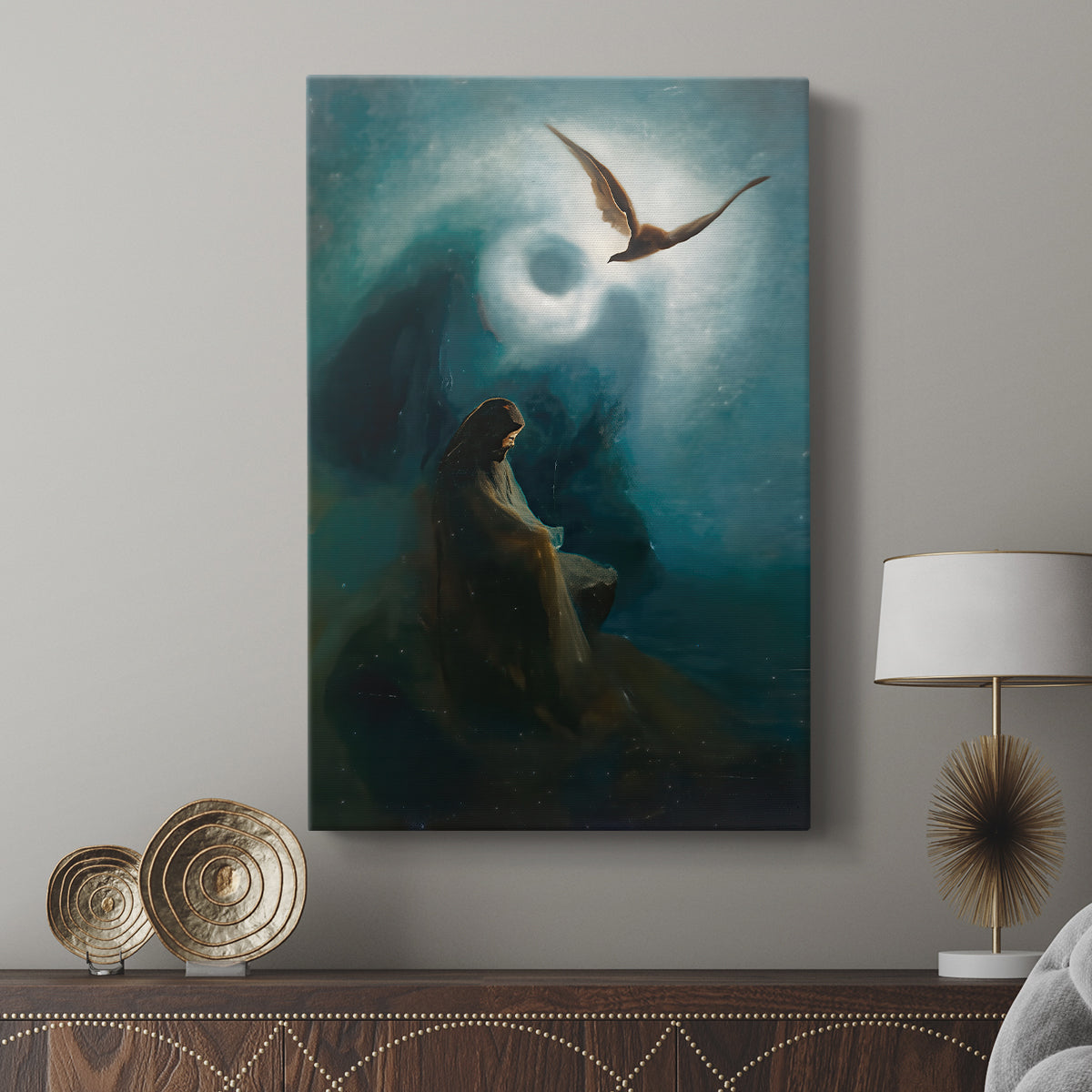Canvas art print featuring a mystical figure set against an open sky with gentle tones displayed in a modern interior space.