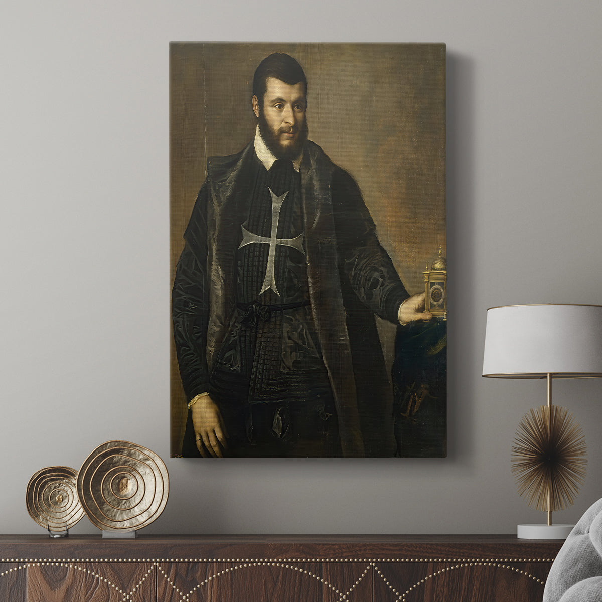 Canvas art print featuring a composed portrait with subtle contrast and depth displayed in a modern interior space.