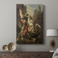 Canvas art print featuring a narrative composition with figures and creature in action displayed in a modern interior space.