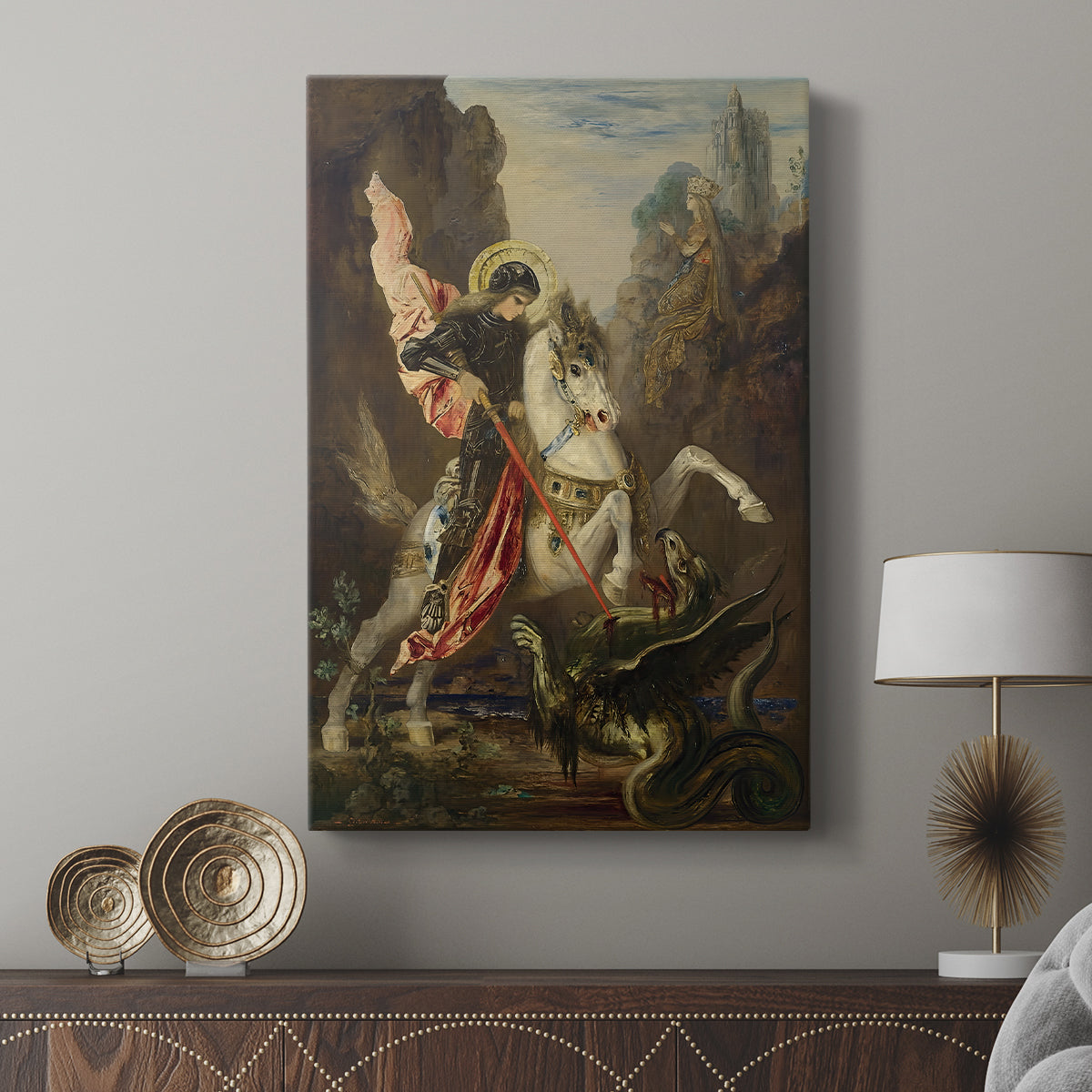 Canvas art print featuring a narrative composition with figures and creature in action displayed in a modern interior space.