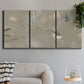 Three-panel canvas wall art featuring mid century terrazzo inspired abstraction, displayed in a modern living room above a sofa.