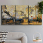 Three-panel canvas wall art featuring calm tropical shoreline at dusk, displayed in a modern living room above a sofa.
