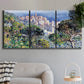 Three-panel canvas wall art featuring coastal hillside overlooking monaco, displayed in a modern living room above a sofa.