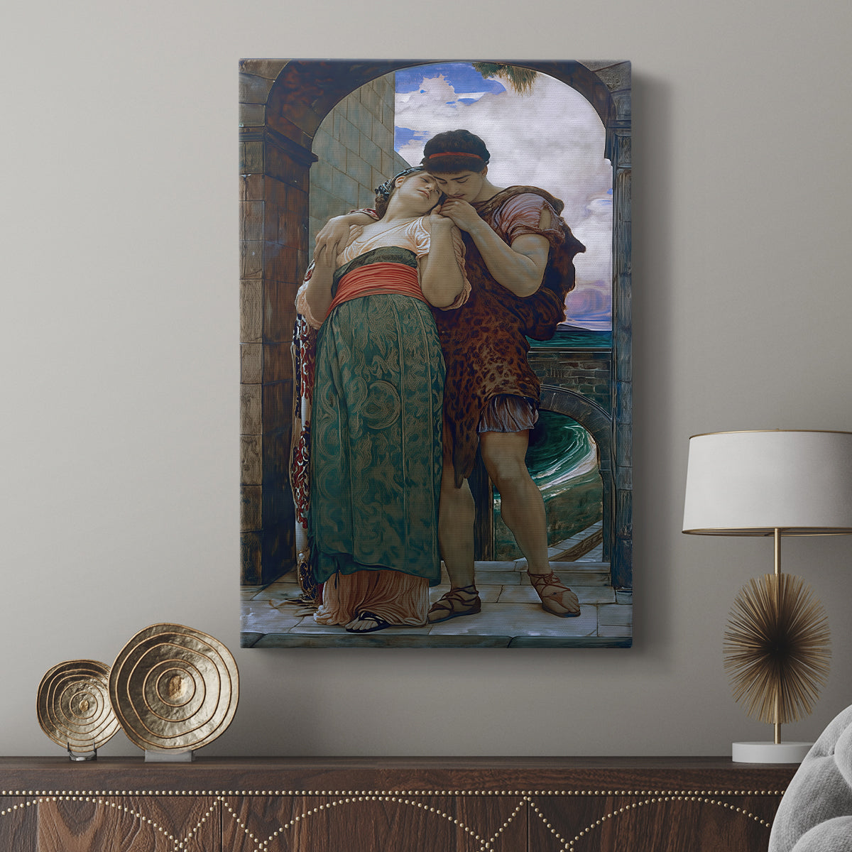 Canvas art print featuring a symbolic scene of union with soft tones displayed in a modern interior space.