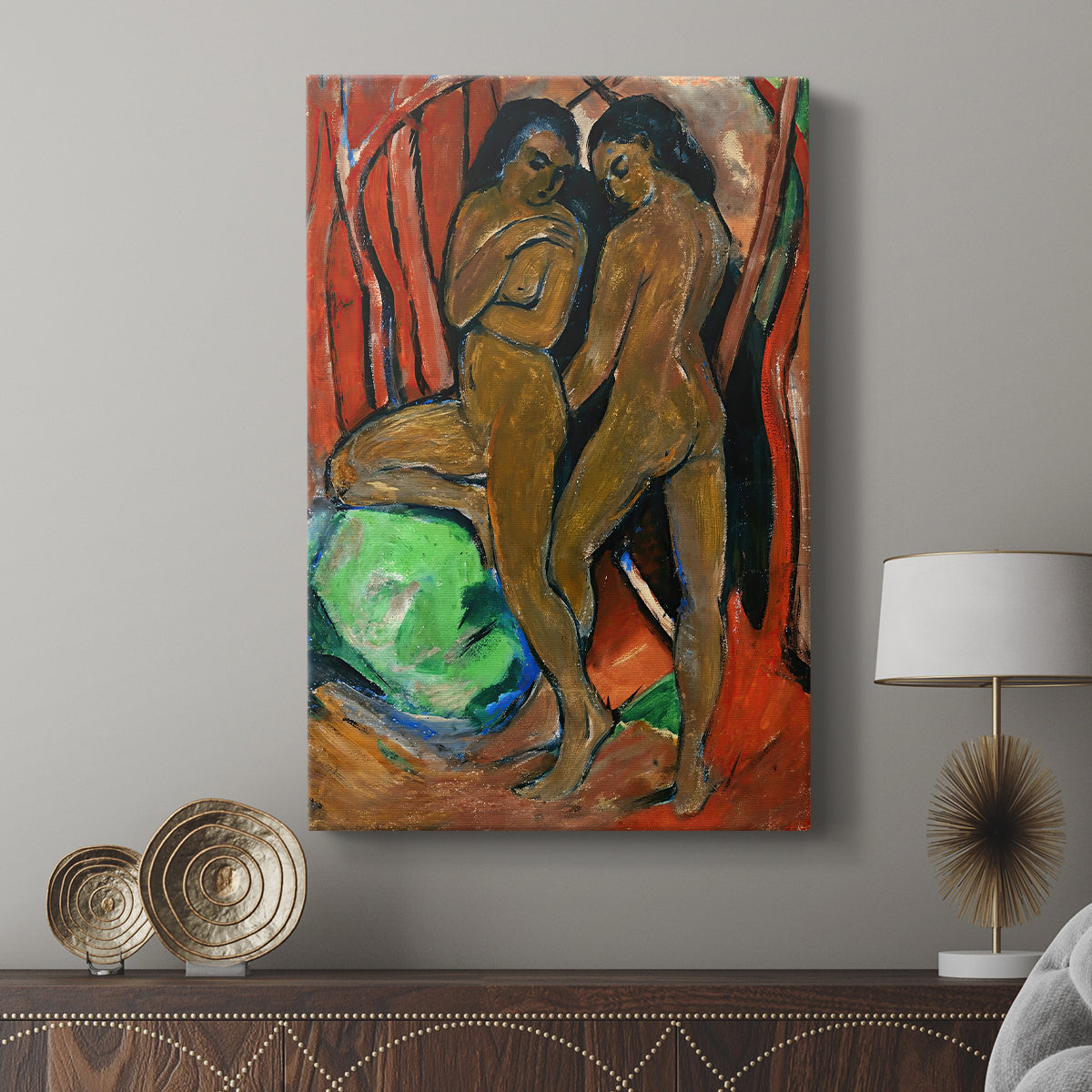Canvas art print featuring a modern figure study with abstract shapes and color blocks displayed in a modern interior space.