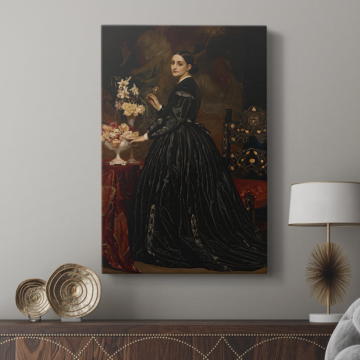 Canvas art print featuring a formal portrait with smooth shading and calm expression displayed in a modern interior space.